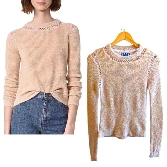 Veda Sweaters - Revolve VEDA Tan Alpaca Wool Fishnet Crochet Crew Sweater Sustainable Size SP